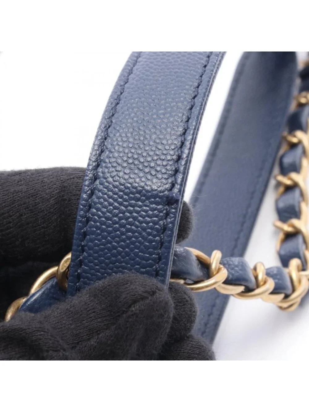 Chanel Shoulder Bag Deauville Navy Leather Logo Studs Drawstring